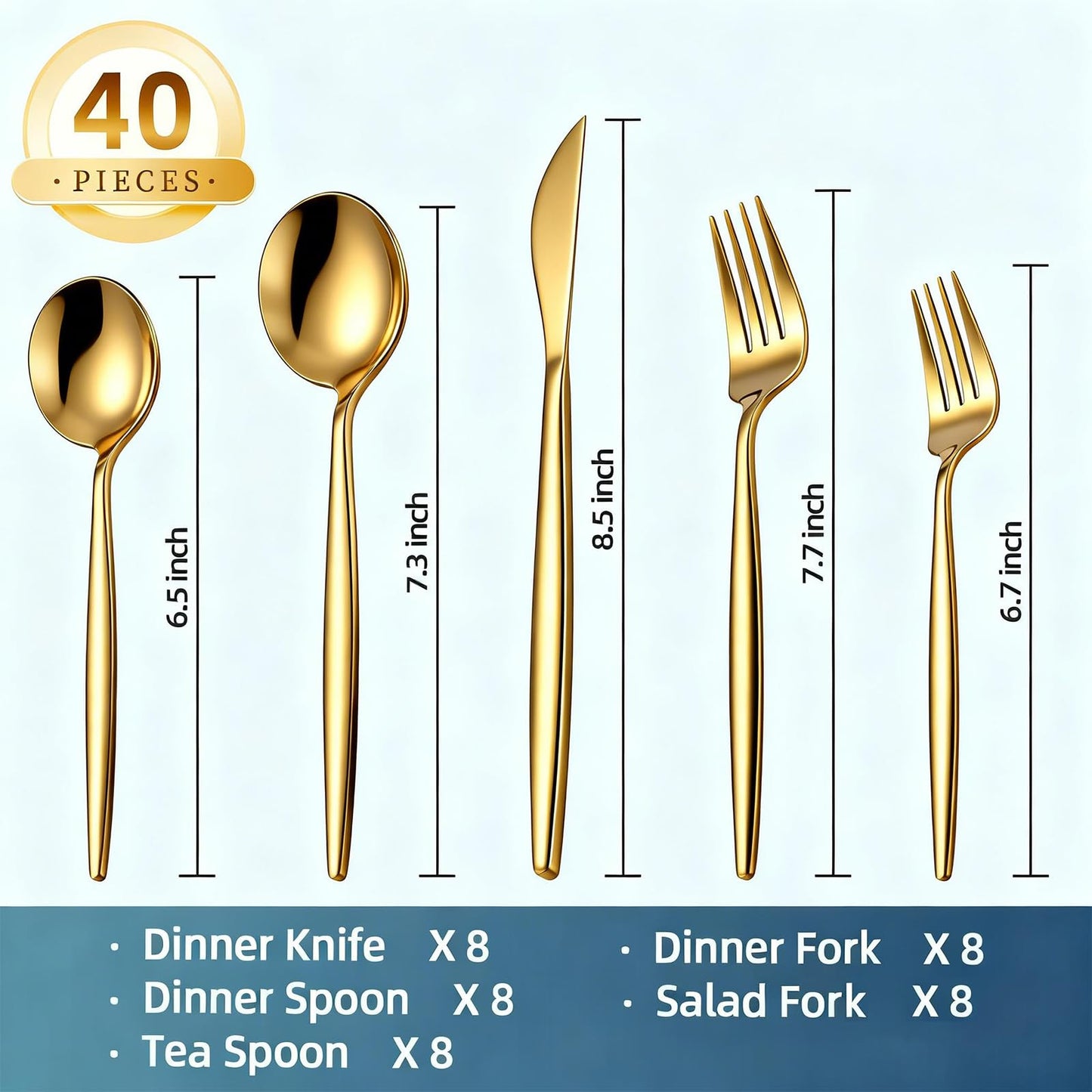 40 Piece Gold Silverware Set for 8, Stainless Steel Cutlery Set, Mirror Polished Flatware, Dishwasher Safe Tableware for Home, Wedding & Party
