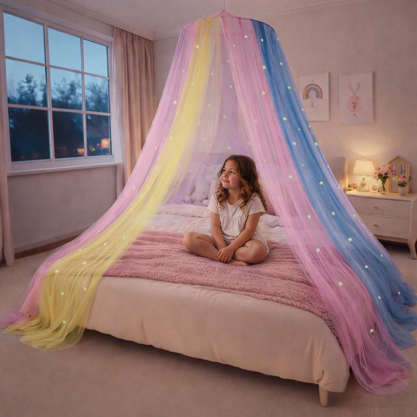 Bollepo Bed Canopy for Girls with Glowing Stars - Princess Rainbow Baby Canopy for Bed, Netting Room Decor, Ceiling Tent, Canopy for Crib | Single, Twin, Full, Queen Size Kids Bed