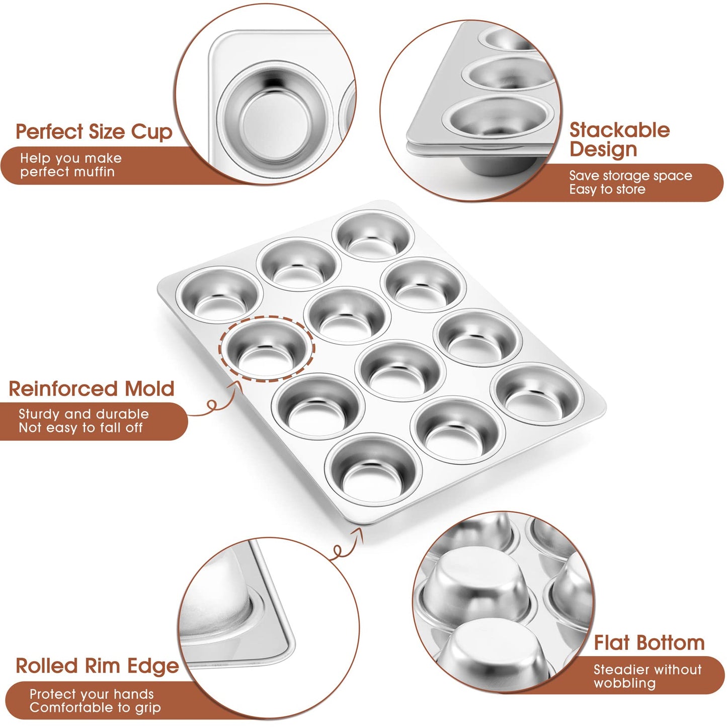 Muffin Pan Cupcake Baking Pan Set of 2, P&P CHEF 12 Cups Muffin Tin Tray, Stainless Steel Muffin Pans for Baking Mini Cake Tart Quiche, Oven & Dishwasher Safe, Non-Toxic & Heavy-Duty
