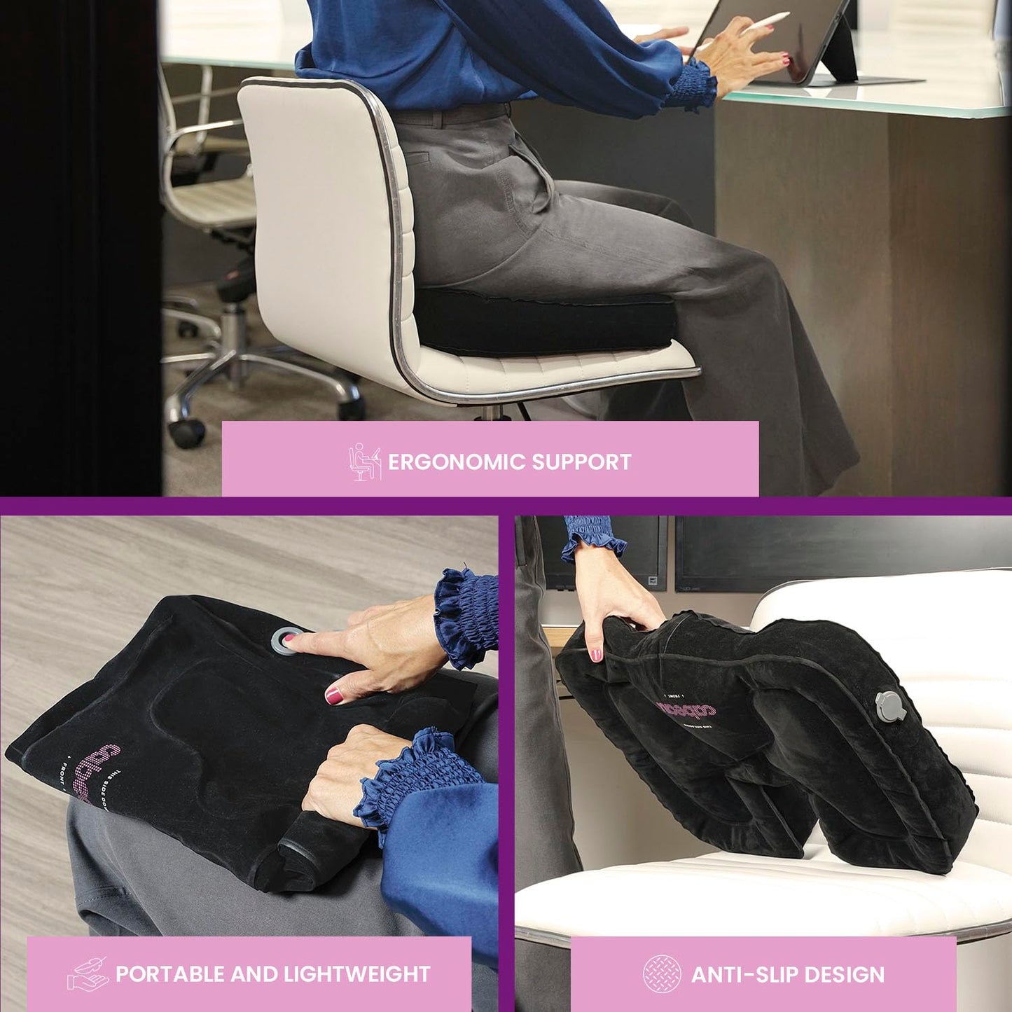 Cabeau Evolution Cushion Portable & Lightweight Inflatable Seat Cushion - Ideal for Office Chairs, School Bleachers, Stadium Seats, and Wheelchairs - Comfort on The Go, Black