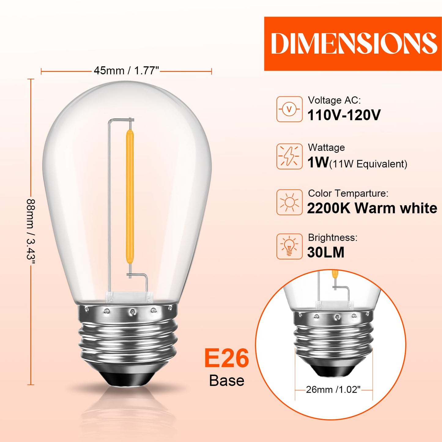 GvvooHome 48 Pack Shatterproof LED Replacement Bulbs for Outdoor String Lights, S14 Edison Bulbs for Patio String Lights Outdoor Waterproof, Warm White 2200K, Dimmable, E26 Standard Base