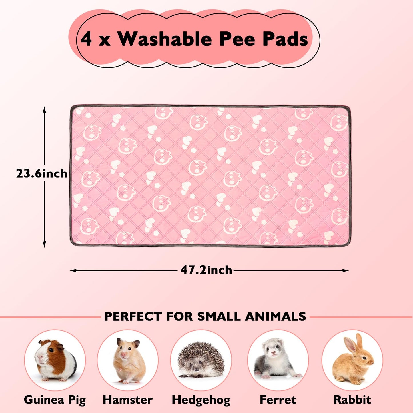 Mooydee 4 Pack Guinea Pig Bedding - Washable Guinea Pig Liners for Midwest Cage, Waterproof Reusable Pee Pads Super Absorbent Mats for Small Animals Pet Rabbit Bunny Hamster Rat (Pink, 48 x 24 Inch)