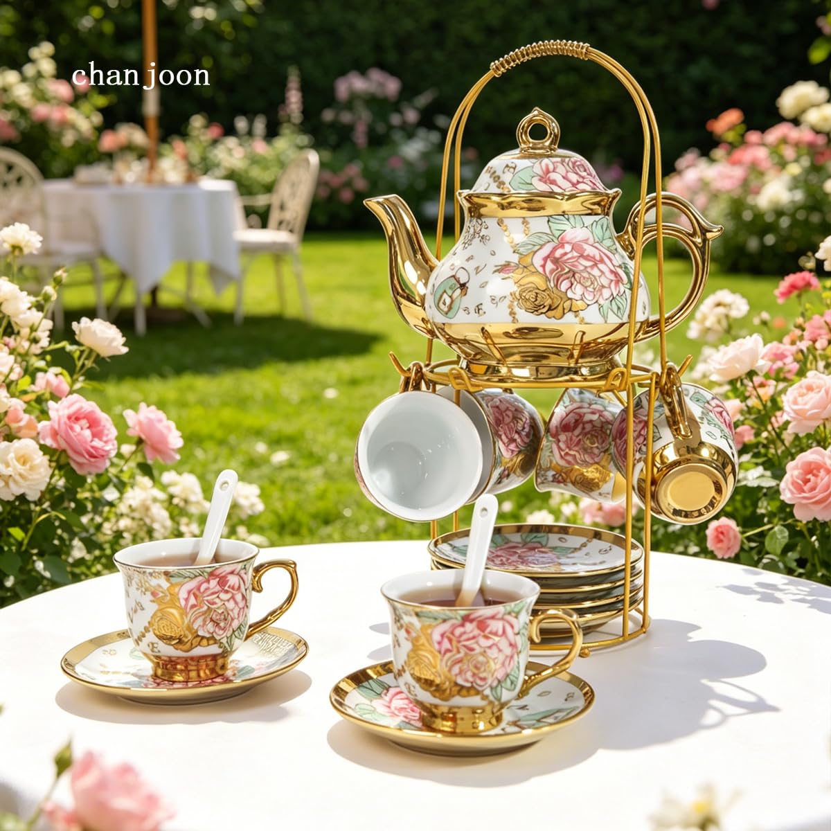 CHANJOON Gold Plated Red Rose Ceramic Tea Sets, Vintage Tea Set with Teapot, Beautiful Tea Set Coffee Serving 6 People (Golden, Medium)