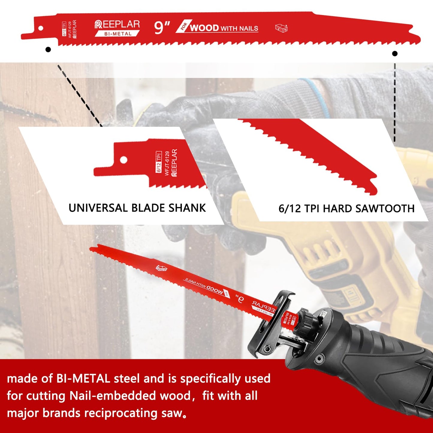 9 Inch 6/12 TPI Reciprocating Saw Blades Set Bi-Metal Pruning Blades for Nail-Embedded Wood,25 Pack,Wood with Nails,Metal/Wood Cutting Sawzall Blades
