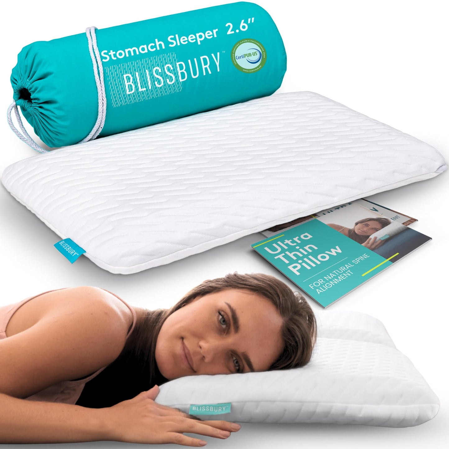 BLISSBURY 6.5cm Ultra Thin Pillow for Sleeping | Premium Memory Foam Flat Pillow for Stomach Sleeping | for Back & Stomach Sleeper | Certified Foam for Neck and Back Support | Removable Case