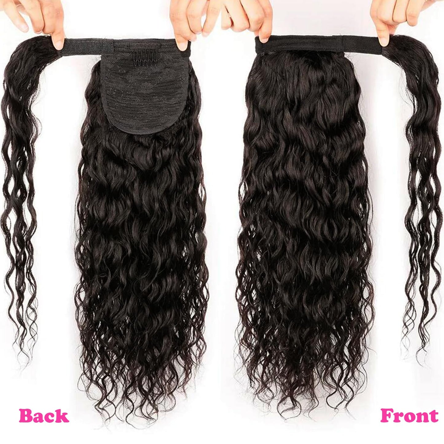 Seelaak Hair Water Wave Ponytail Extensions Human Hair Wrap Around Corn Wave Pony Magic Paste Brazilian Human Hair Extensions for Women Natural Black(22 inch)
