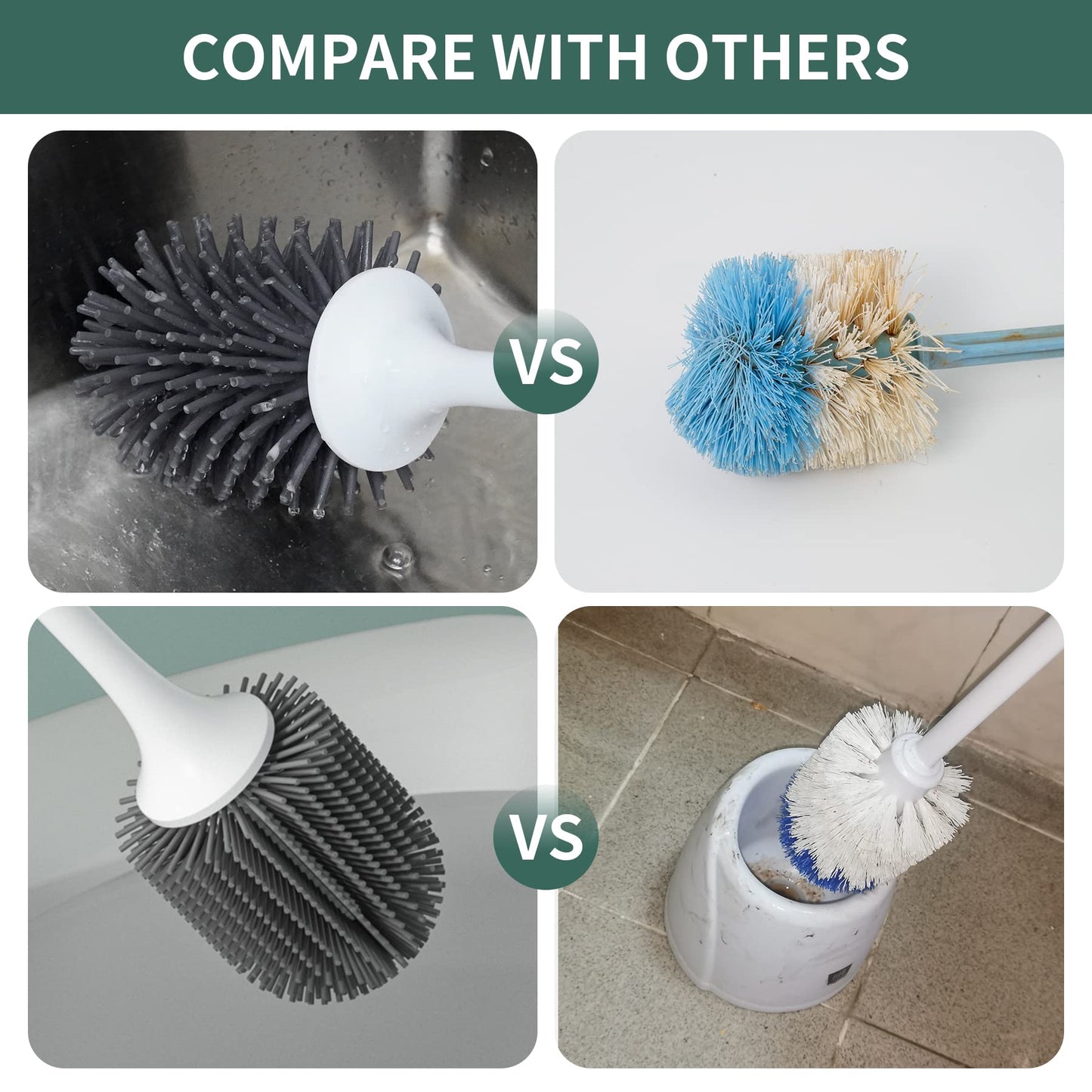 Hibbent 3 Pack Toilet Brush with Ventilated Drying Holder, Silicone Toilet Bowl Brush Bathroom Cleaning Bowl Brush Kit Sturdy Cleaning Toilet Brush, Floor Standing & Wall Mounted Without Drilling