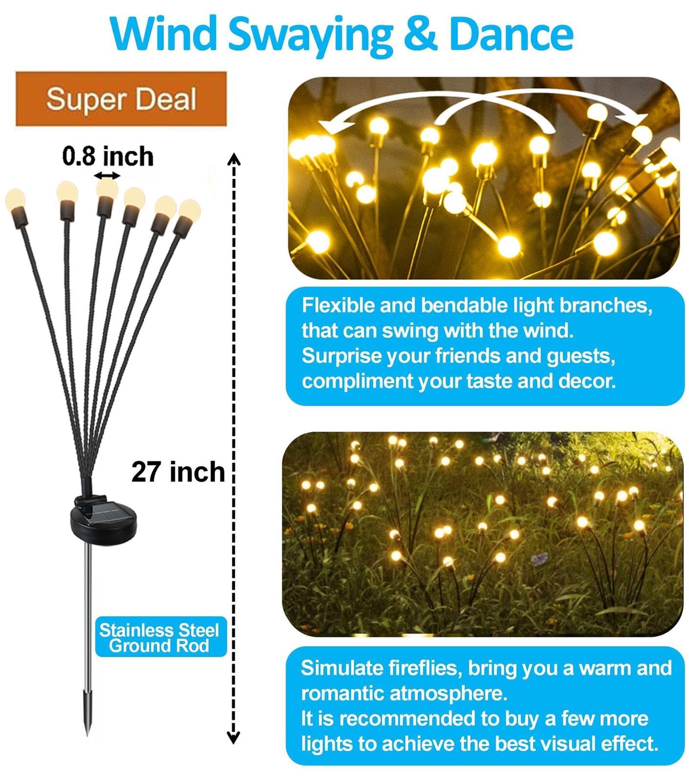 4Count Solar Lights Outdoor Waterproof IPX5, Solar Garden Lights Wind Swaying Lights, Firefly Light Outdoor Solar, Outdoor Christmas Lights, for Yard Lawn Pathway Decoration Lighting, WarmYellow