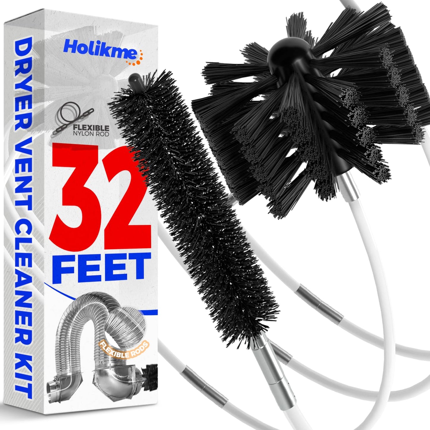 Holikme 32 Feet Dryer Vent Cleaning Kit, Flexible Dryer Vacuum Attachment,Lint Brush with Drill Attachment, Fireplace Chimney Brushes Extends Up to 32 Feet for Easy Cleaning
