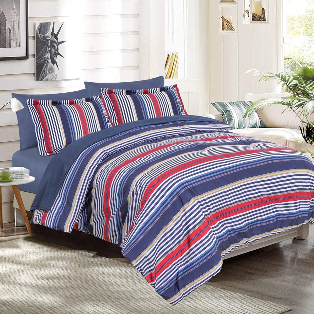 EMME Queen Bed in A Bag 7-Piece Bedding Comforter Set, Brushed Microfiber Down Alternative Comforter, Soft and Comfortable Stripe Bed Set (Full/Queen, Navy & Red Stripe)