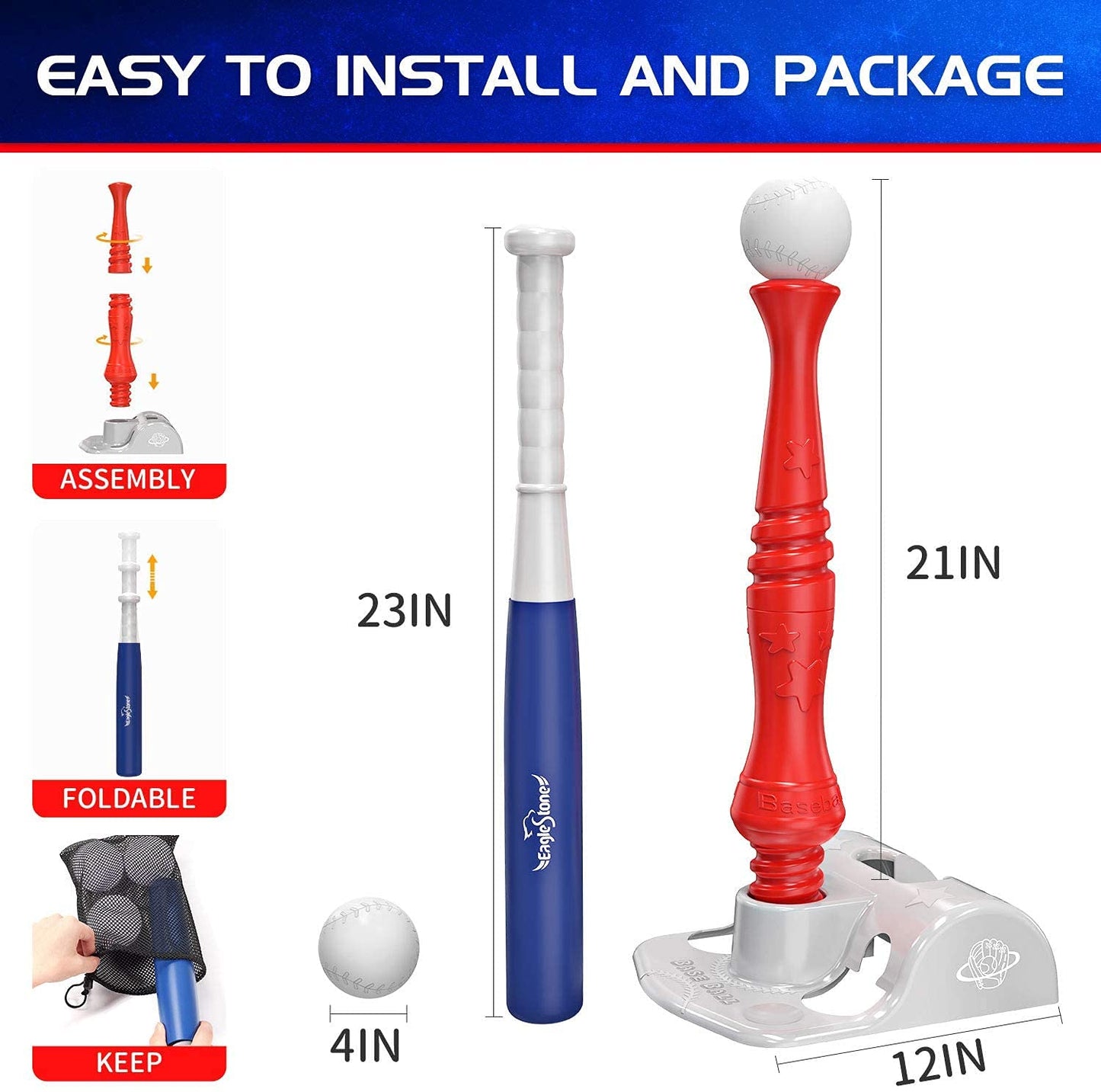 Eagle Stone T-Ball Set for Toddlers, Kids Baseball Tee Game Includes 6 Balls - Adjustable T Height, Fun t Ball Set Adapts with Your Child's Growth Sports, Improves Batting Skills for Boys &Girls