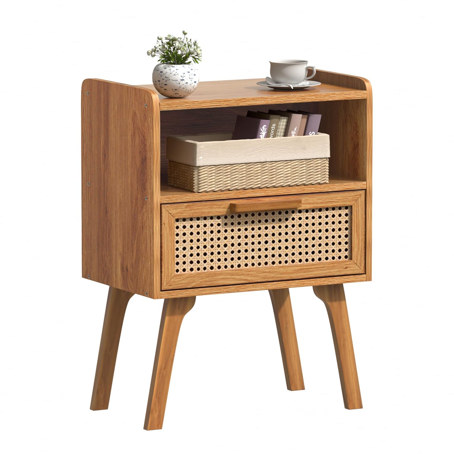 Lerliuo Rattan Nightstand, Boho Side Table with Drawer Open Shelf, Cane Accent Bedside End Table with Solid Wood Legs for Bedroom, Dorm and Small Spaces（Tea Brown）