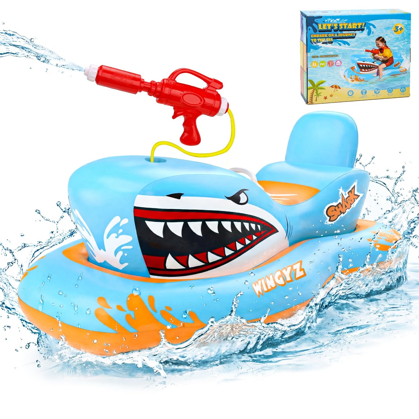 WINGYZ Pool Floaties for Kids with Water Gun, 2026 New Inflatable Swimming Pool Rafts Toys Boat, Shark Shaped Ride-on Pool Floats for Kids Aged 3-12,Use for Summer Pool Beach Water Toys Games Party