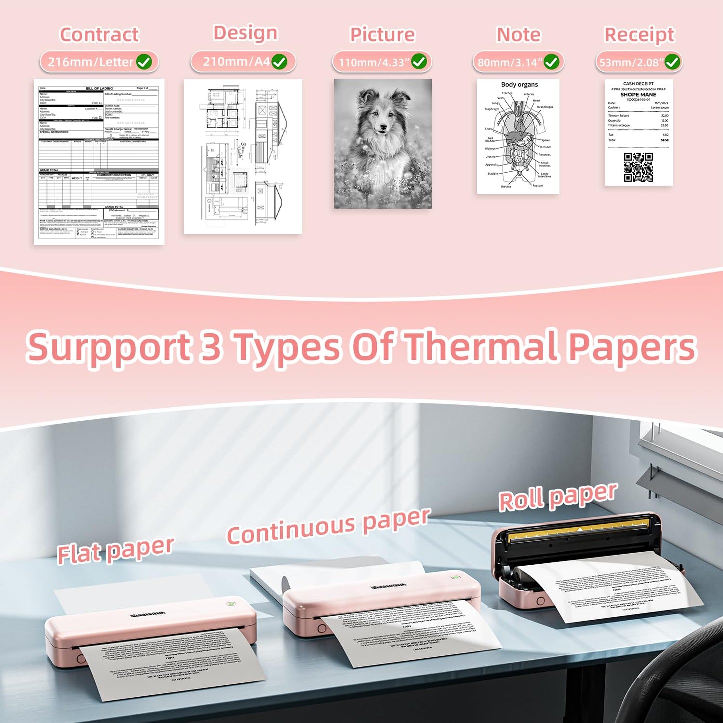Phomemo M834 Portable Printer Wireless for Travel, Support Multi-Size Thermal Paper,Bluetooth Thermal Printer Compatible with Phone&Laptops,Inkless Printer for Home Use,Office,Pink