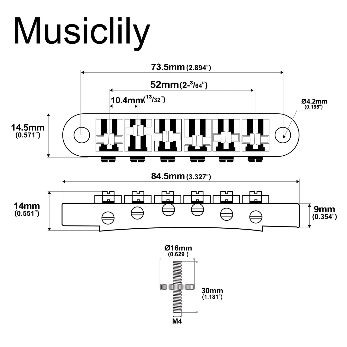 Musiclily Pro 10.4mm Roller Saddle ABR Tune-O-Matic Bridge with M4 Post for Les Paul Style Electric Guitar, Gold
