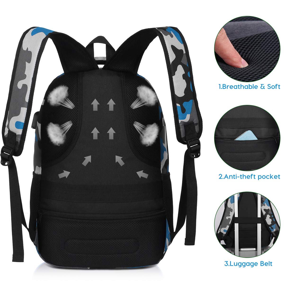 YAMTION 17 Inch School Backpack for Teen Boys,Travel Laptop Bookbag for High School College Backpack with USB,Camouflage Blue