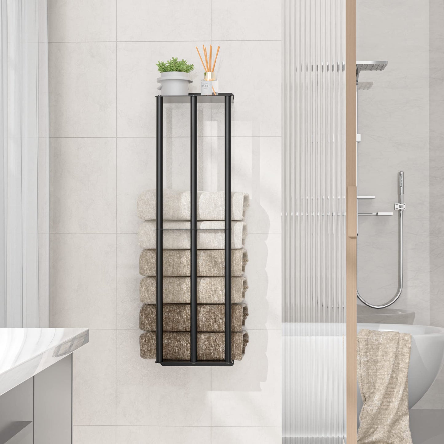 Susswiff 78cm Wall Mounted Towel Racks, Sturdy 2 Metal Towel Shelves and 3 Vertical Bars, Can Holds 6 Large Rolled Towels - Rolled Towel Holder(Matte Black)