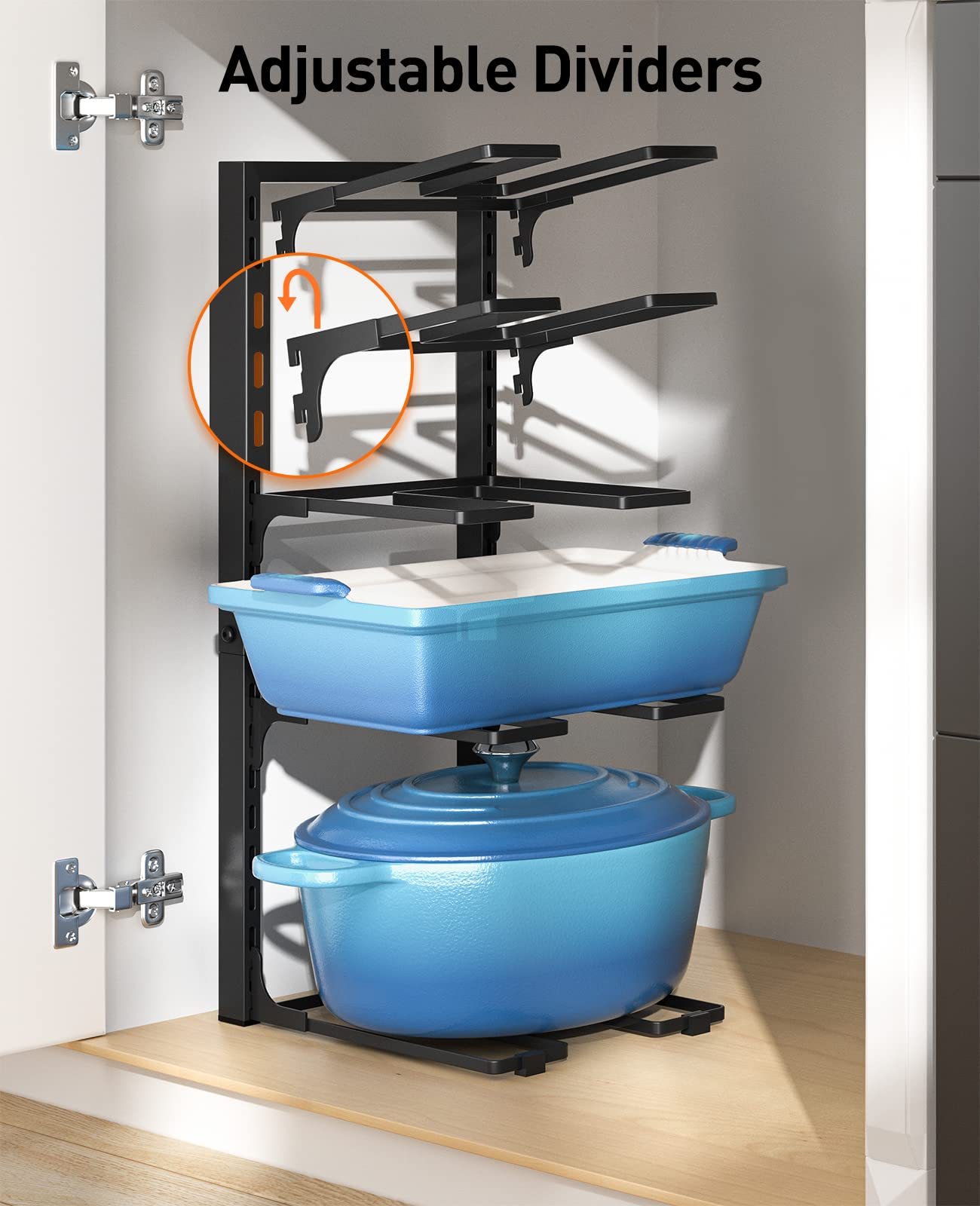 ORDORA Pots and Pans Organizer under Cabinet, 20.8" Height Heavy Duty 120LBS Pots Pans Organizer Rack for under Cabinet 8-Tier Adjustable for Big Stockpots, Dutch Oven, Cast-iron Pans, Heavy Cookware
