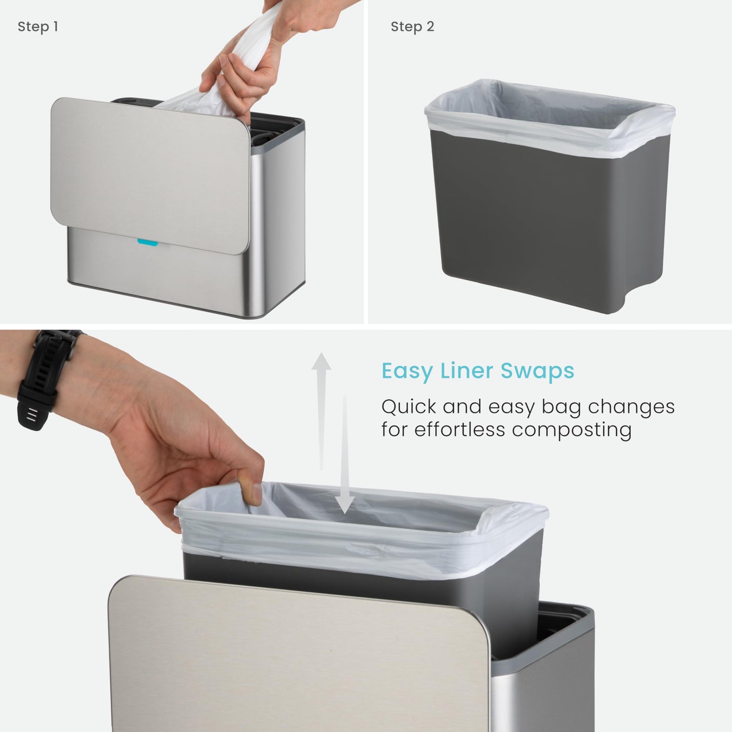 Home Zone Living Kitchen Compost Bin with CleanAura, Stainless Steel, Small and Compact Design, Includes Placement Attachments, 5 Liter Capacity, Silver