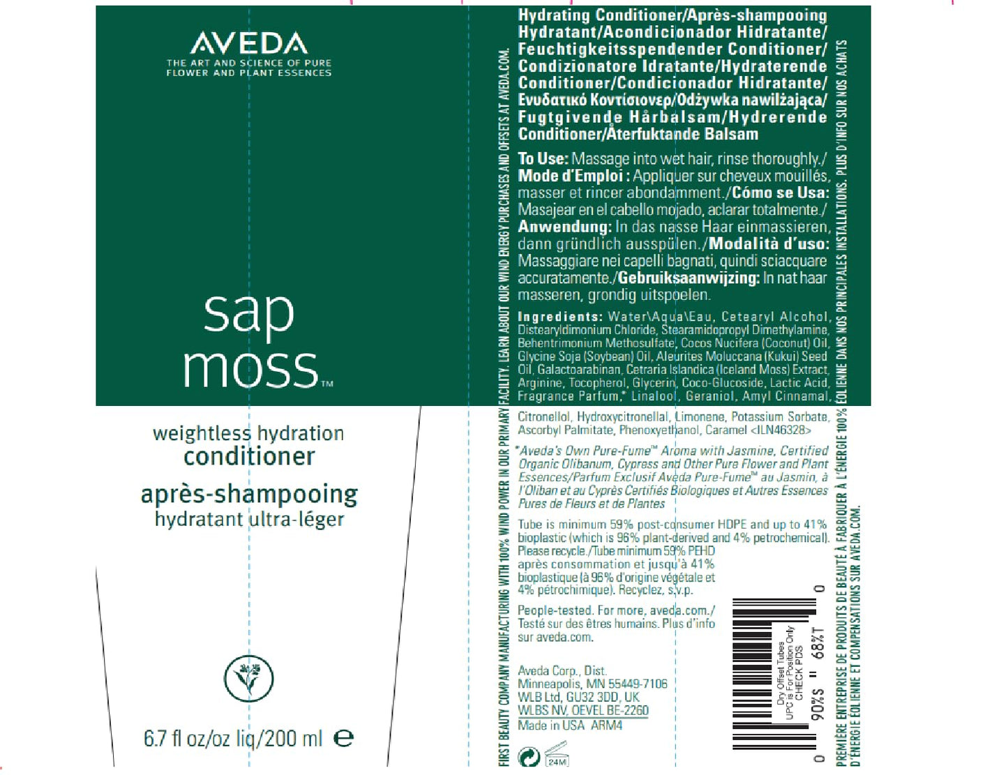 Aveda Sap Moss Weightless Hydration Conditioner | Hydrates, Detangles, Fights Frizz | Silicone Free | Conditioner for Normal to Dry Hair | 98% Naturally Derived*, 200ml