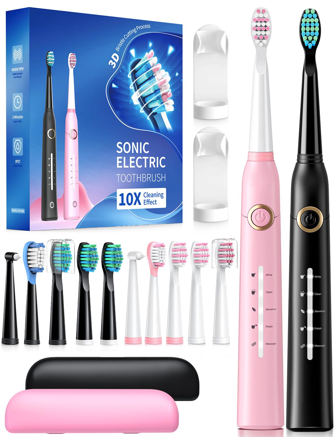 2 Pack Sonic Toothbrush, Electric Toothbrush Adults with 40000VPM 5 Modes 12 Brush Heads 2 Travel Cases, Sonic Toothbrush 4 Hours Charge Minimum 30 Days -Black&Pink