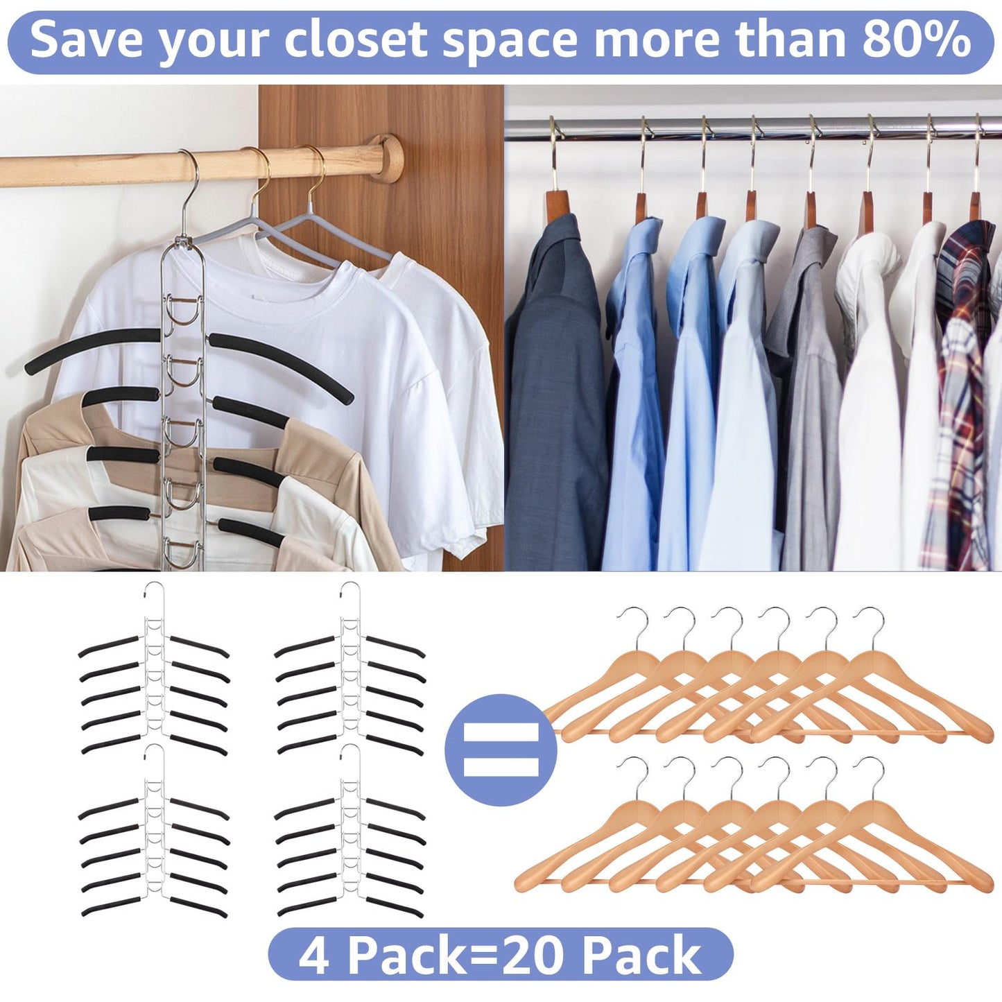 Acrux7 4 Pack 5 in 1 Metal Clothes Hangers Space Saving Hangers, Non Slip Multi Hangers for Shirt Sweater, Multi Layers Coat Hangers, Heavy Duty Closet Organizer Hanger Rack for Shirt Blouse Suit
