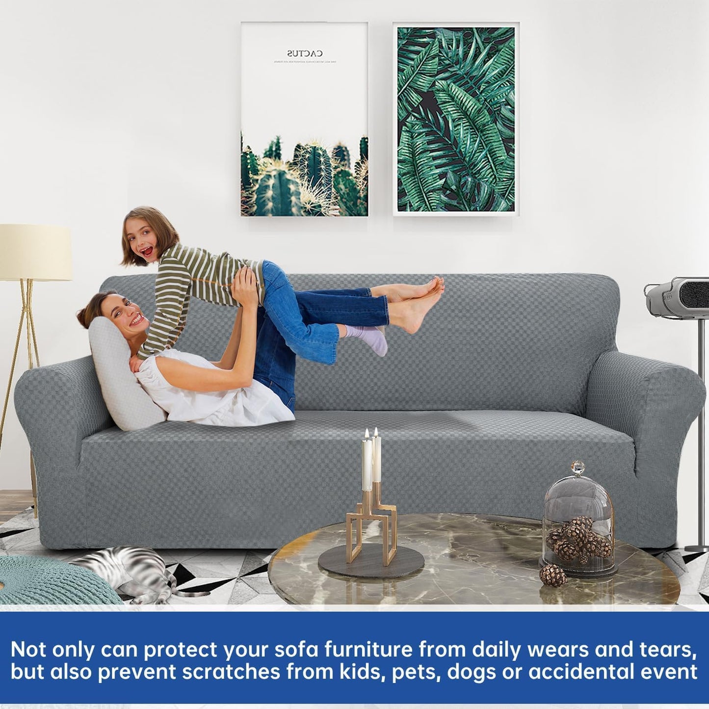 YEMYHOM Couch Cover Latest Jacquard Design High Stretch Sofa Covers for 3 Cushion Couch, Pet Dog Cat Proof Slipcover Non Slip Magic Elastic Furniture Protector (Large, Light Gray)