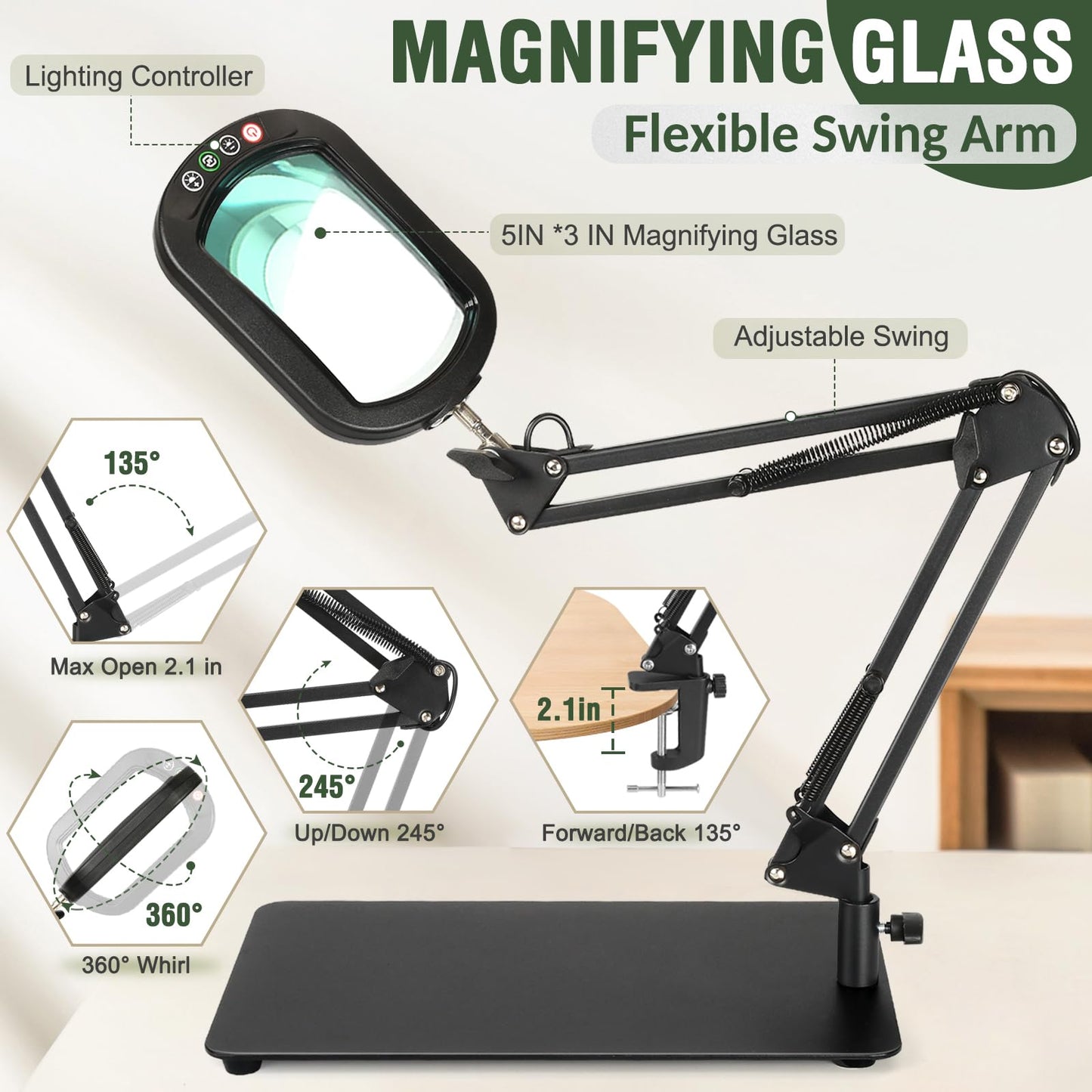 12X Rectangle Magnifying Glass with Light and Stand, 5 Color Modes Stepless Dimmable, 2-in-1 LED Desk Lamp with Clamp, Hands Free Lighted Magnifier for Reading Crafts Repair Painting Close Work