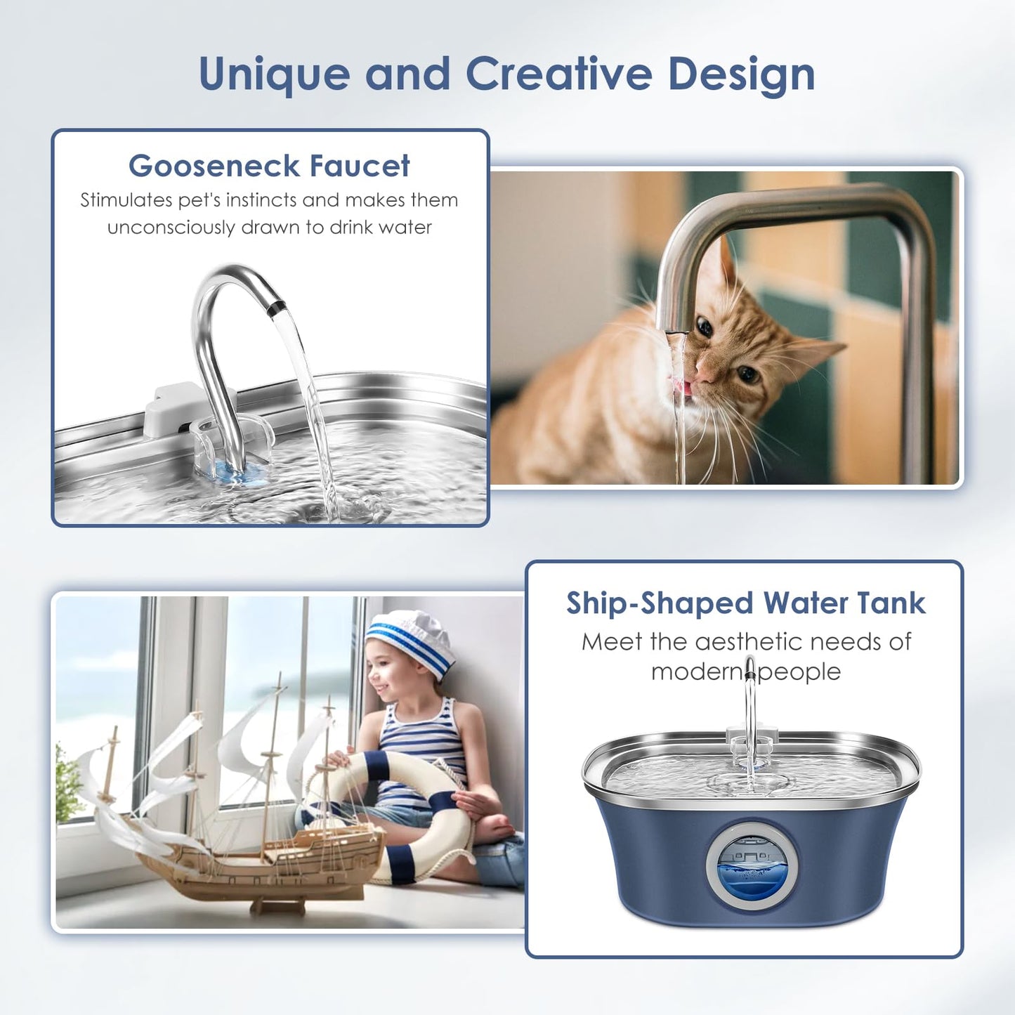 Cat Water Fountain, 3.2L/108oz Automatic Stainless Steel Pet Water Fountain with Water Level Window, Pet Water Dispenser Cat Drinking Feeding Fountains with Ultra-Quiet Pump for Pets, Navy(1 Brush)