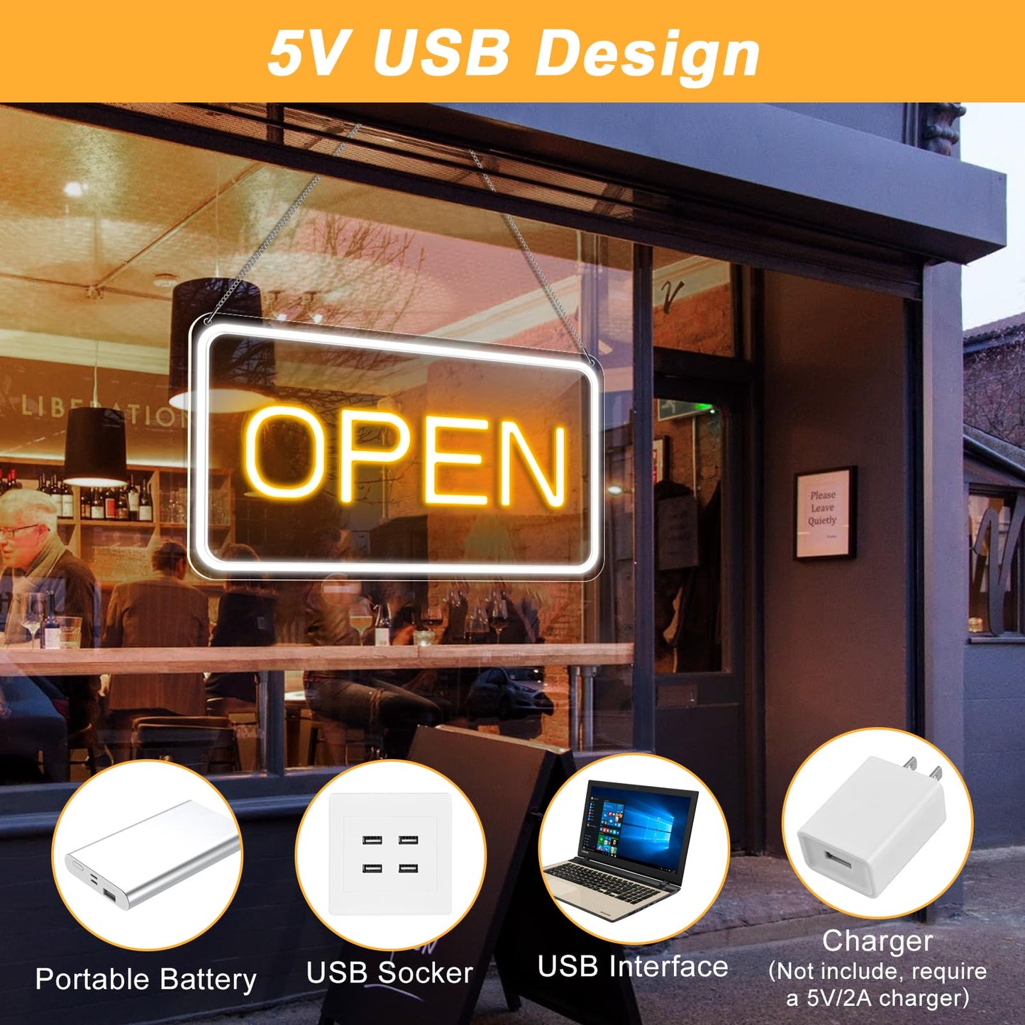 Neon Open Sign 16"x 9", Dimmable LED Open Signs for Business, Ultra Bright USB Powered Open Sign with On/Off Switch, Adjustable Brightness, for Window Stores Restaurants Offices Wall Bar Cafe