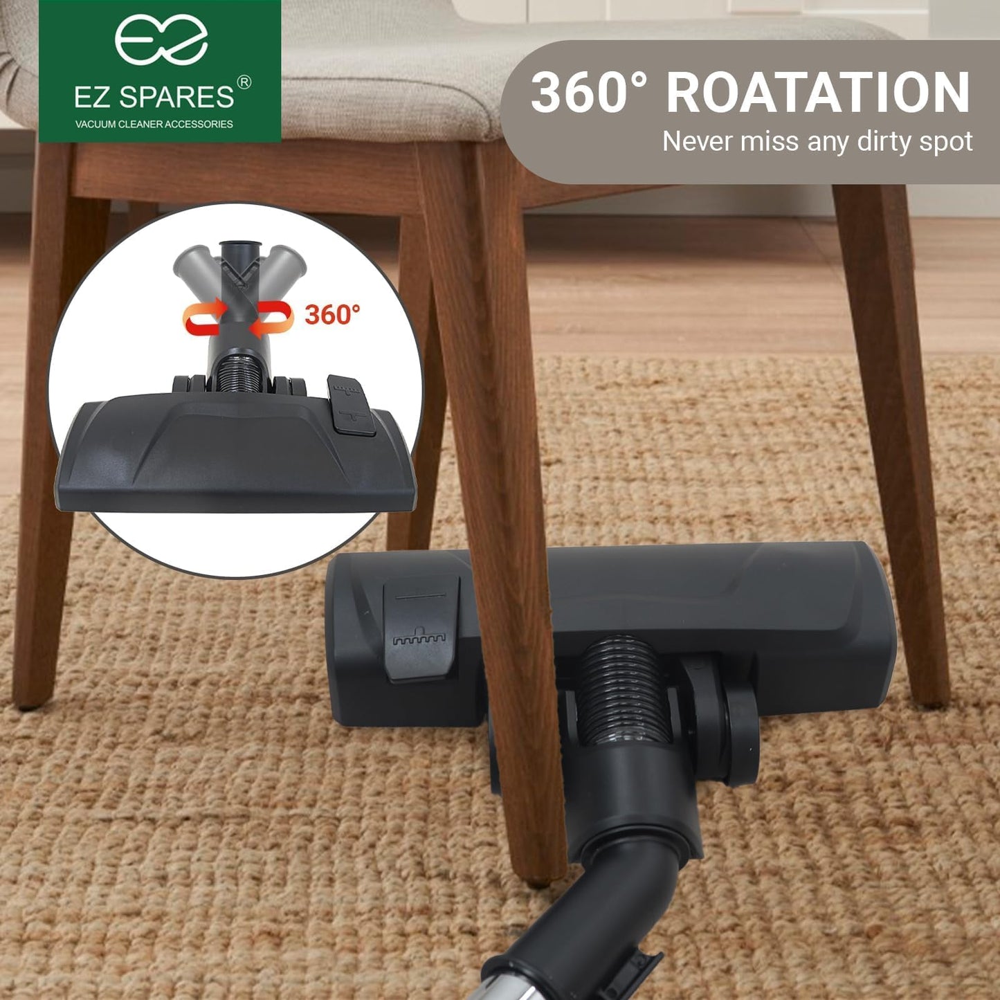 EZ SPARES Universal Vacuum Cleaner Floor Brush Head,32/35mm Attachment for Hard Floor and Carpet, 2-in-1 Combo Tool with Swivel Neck and Rolling Wheels, Vacuum Replacement Parts (Black)