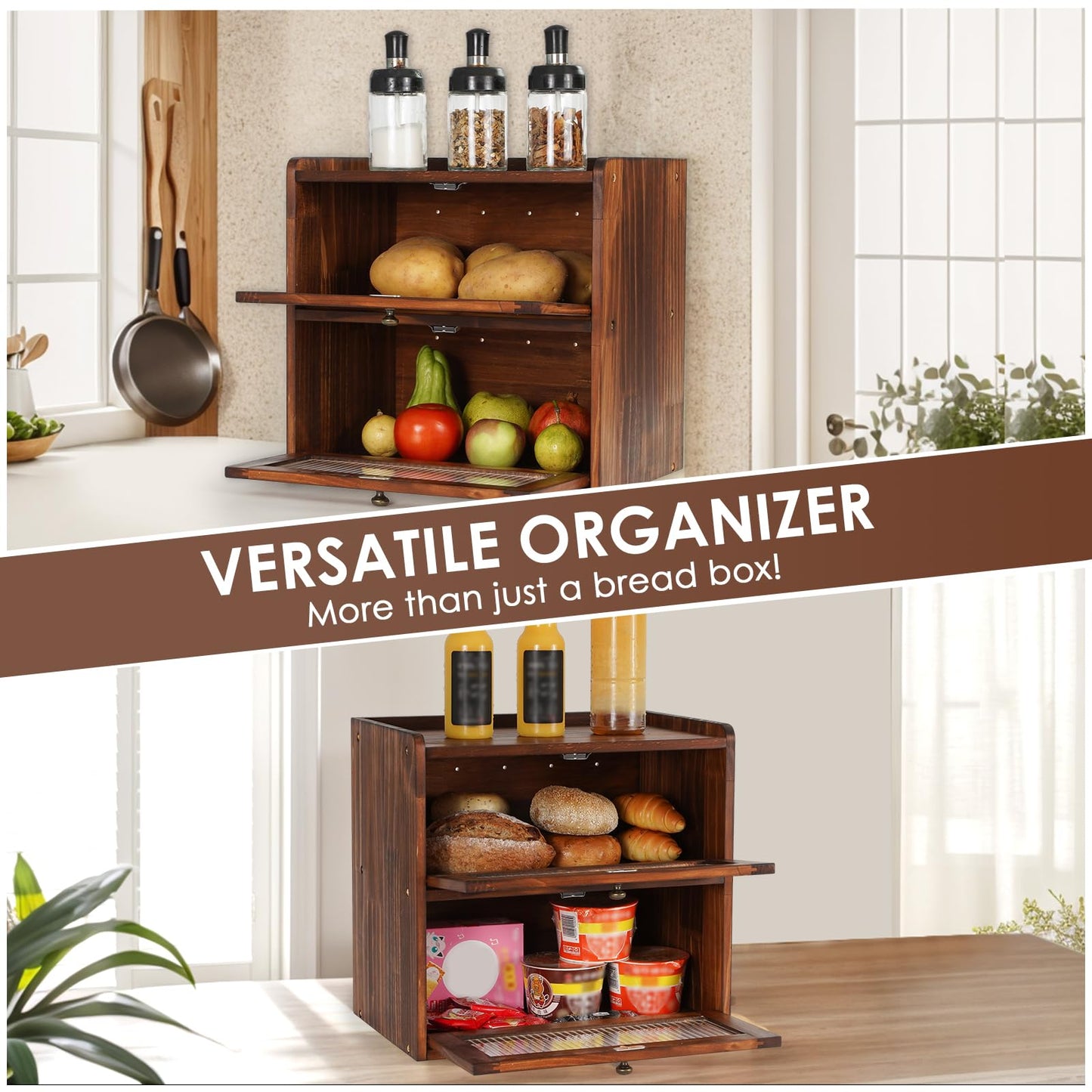 Sunhoo Bread Box for Countertop Bread Storage Bin Container Double Layer Extra Large Kitchen Counter Wood Breadbox Saver Keeper Vintage with Acrylic Window Easy to Assemble Boîte à Pain (Brown)