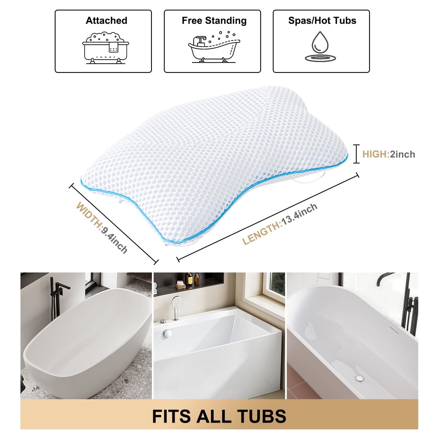 Non Slip Bath Pillow, Luxury Spa Bathtub Head & Neck Rest Support, Permeable Quick Drying Air Mesh Tub Pillow with 4 Large Suction Cups, Fits Any Tubs, Soft and Relaxing
