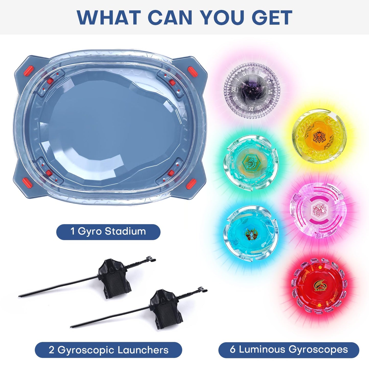 BUPASAK Light Ignite Spinning Tops Battle Set, with Stadium, 6 Light Ignite Spinning Tops, and 2 Launchers, Toys for 6 Year Old Boys & Girls & Up (Amazon Exclusive)