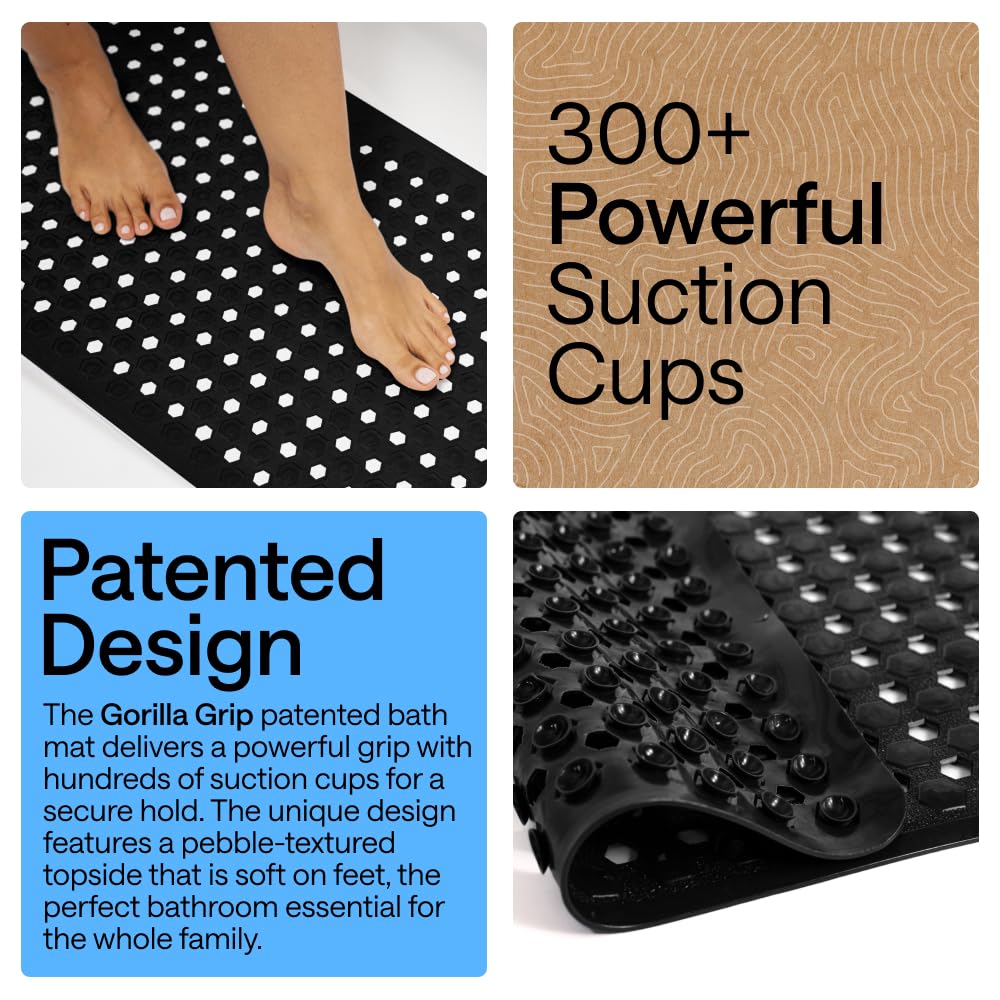 GORILLA GRIP Patented Bath Tub and Shower Mat, 35x16, Machine Washable, Extra Large Bathtub Mats with Drain Holes and Suction Cups to Keep Floor Clean, Soft on Feet, Bathroom Accessories, Black Opaque