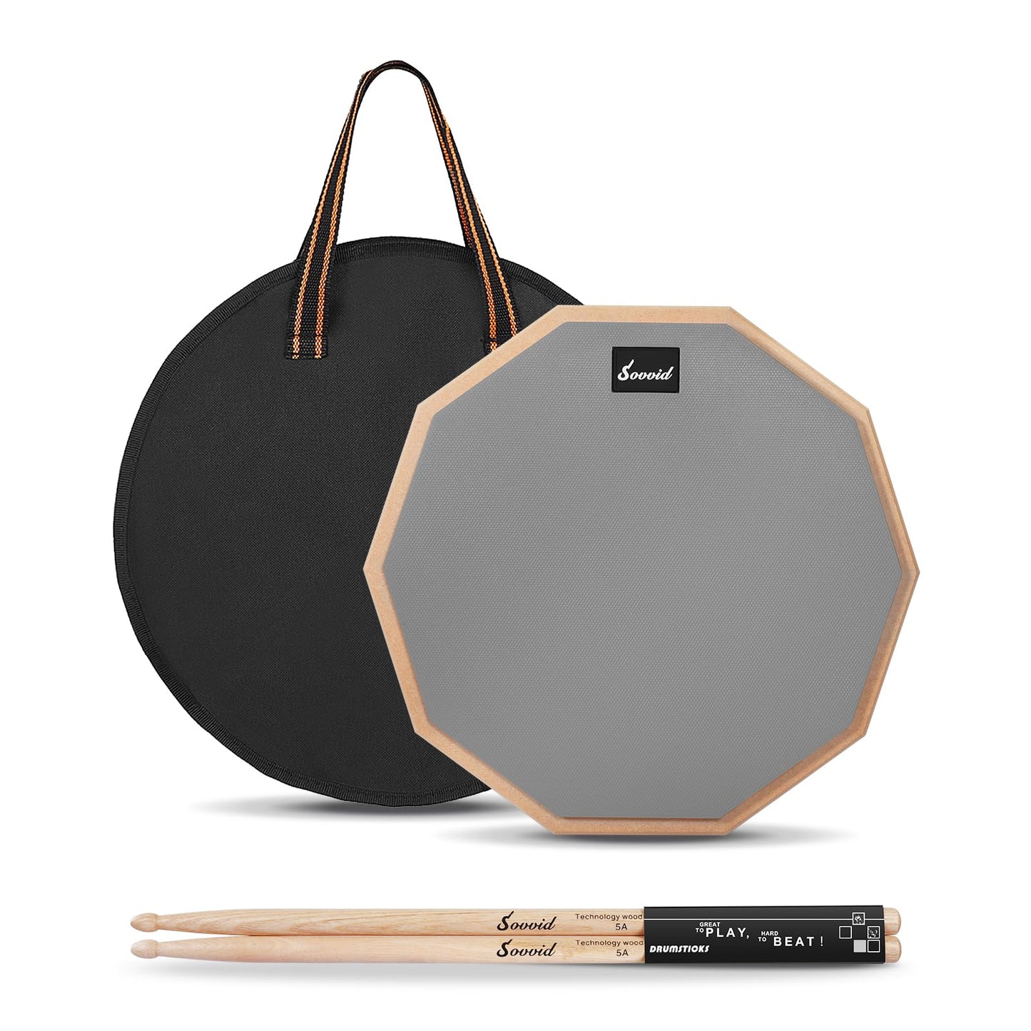 Sovvid 12 Inches Drum Pad and 5A Drum Sticks, Double Sided Snare Drum Practice Pad for Drummers, Silent Practice Drum Pad with Storage Bag - Gray
