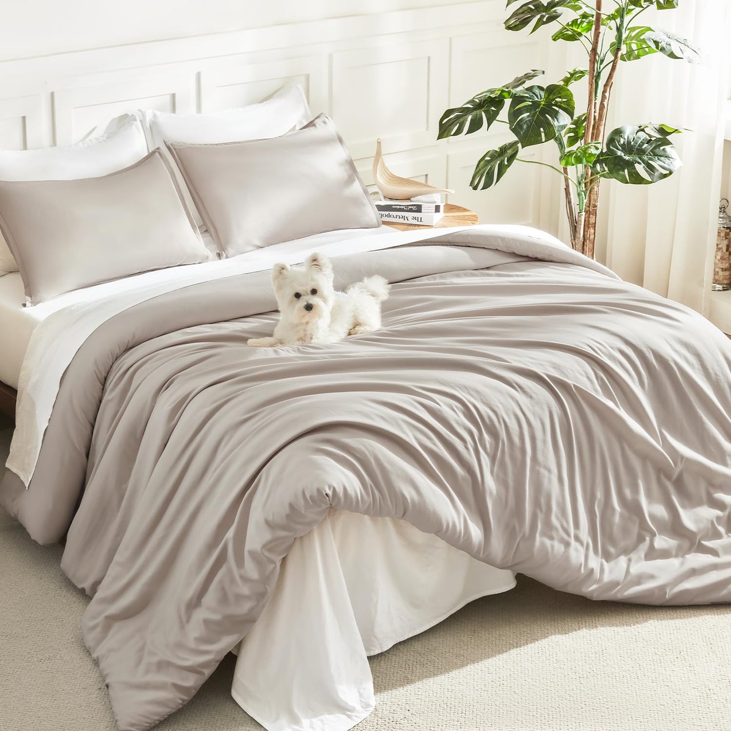 Litanika Linen Grey Comforter Set Queen Size, 3 Pieces Lightweight Solid Bedding Comforter Set, All Season Fluffy Bed Set (90x90In Comforter & 2 Pillowcases)