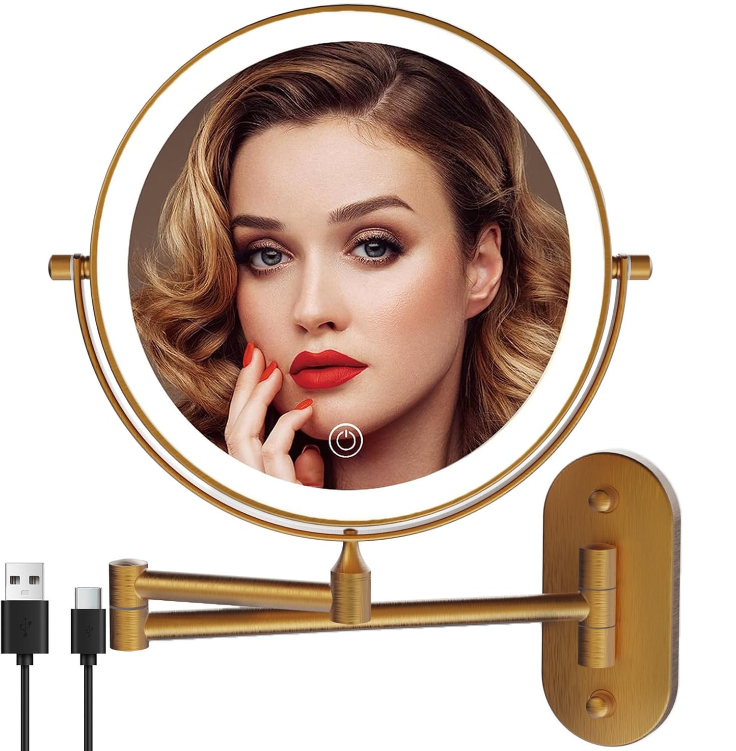 MIROAMZ Rechargeable Wall Mounted Lighted Makeup Vanity Mirror 8 Inch Double Sided 1X 10X Magnifying Bathroom Mirror, 3 Color Lighting, Touch Screen Dimming, 360 Rotation Shaving Mirror