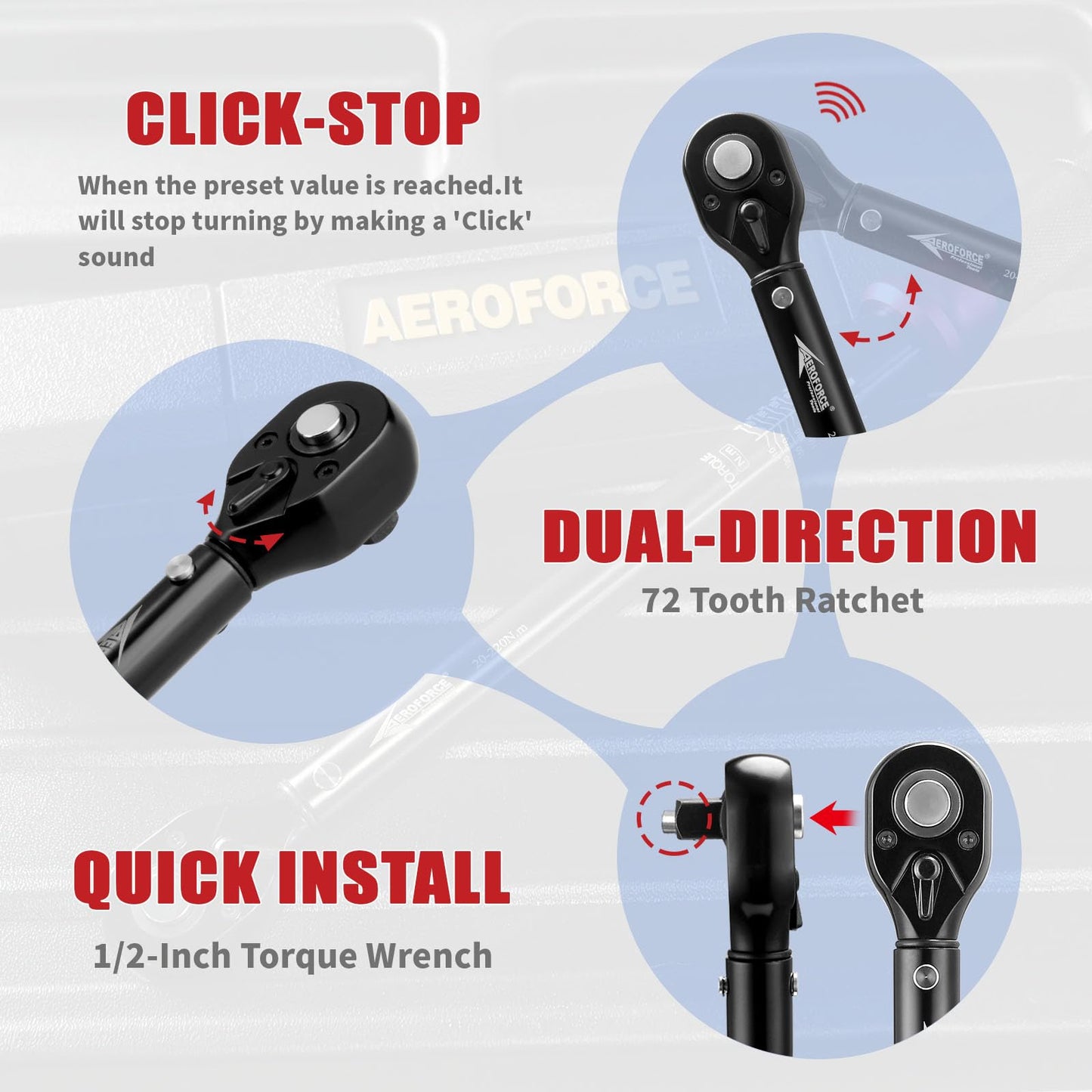 AEROFORCE 1/2-Inch Drive Torque Wrench（15-165 lb.ft / 20.4-224.4 Nm,72 Tooth Dual Direction Reversible Ratchet, Dual Range Scales, Precision Calibrated for Bike, Motorcycle and Car Repair