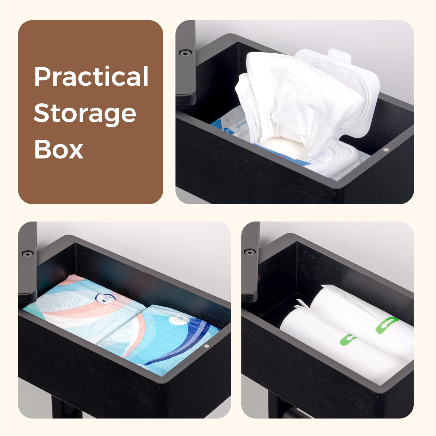 Wealone 4-in-1 Black Toilet Paper Holder Stand with Storage Shelf Box, Bamboo Free Standing Toilet Tissue Roll, Toilet Wipes Dispenser Organizer, Temporary Desktop for Bathroom (Patent Protection)