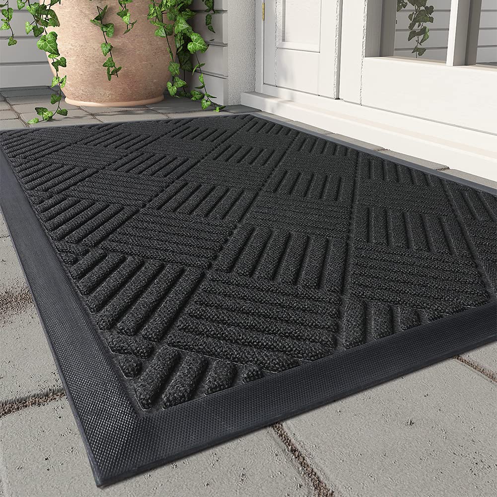 Front Door Mat Outdoor Indoor Welcome Mat Non Slip Rubber Doormat Absorbent Entryway Rug Entrance Mat Entry Rug Dirt Scraping Shoe Mat Black 60X90cm