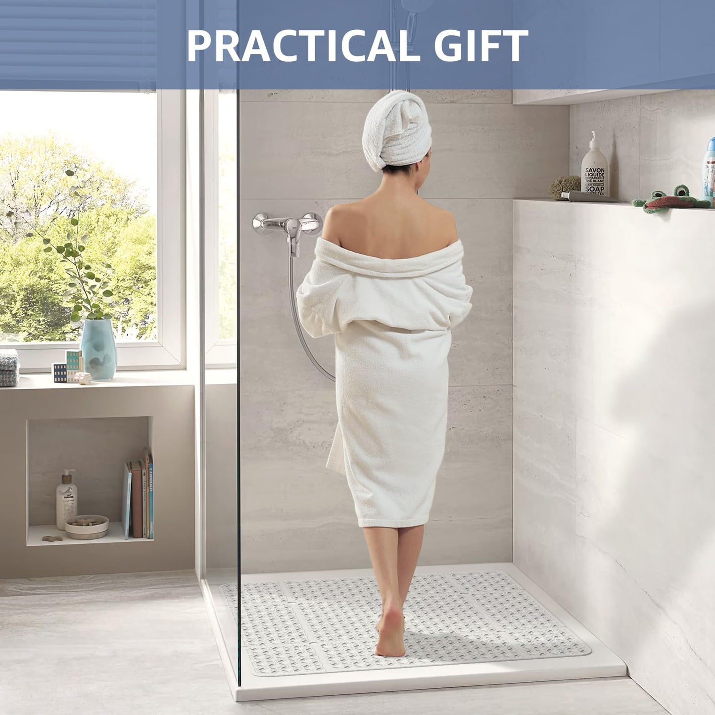 OTHWAY Square Shower Mat, 27"x 27" Extra Large Shower Mats for Inside Shower, TPE Anti Slip Shower mat with Suction Cups Drain Holes, Machine Washable Shower Floor Mat (White)
