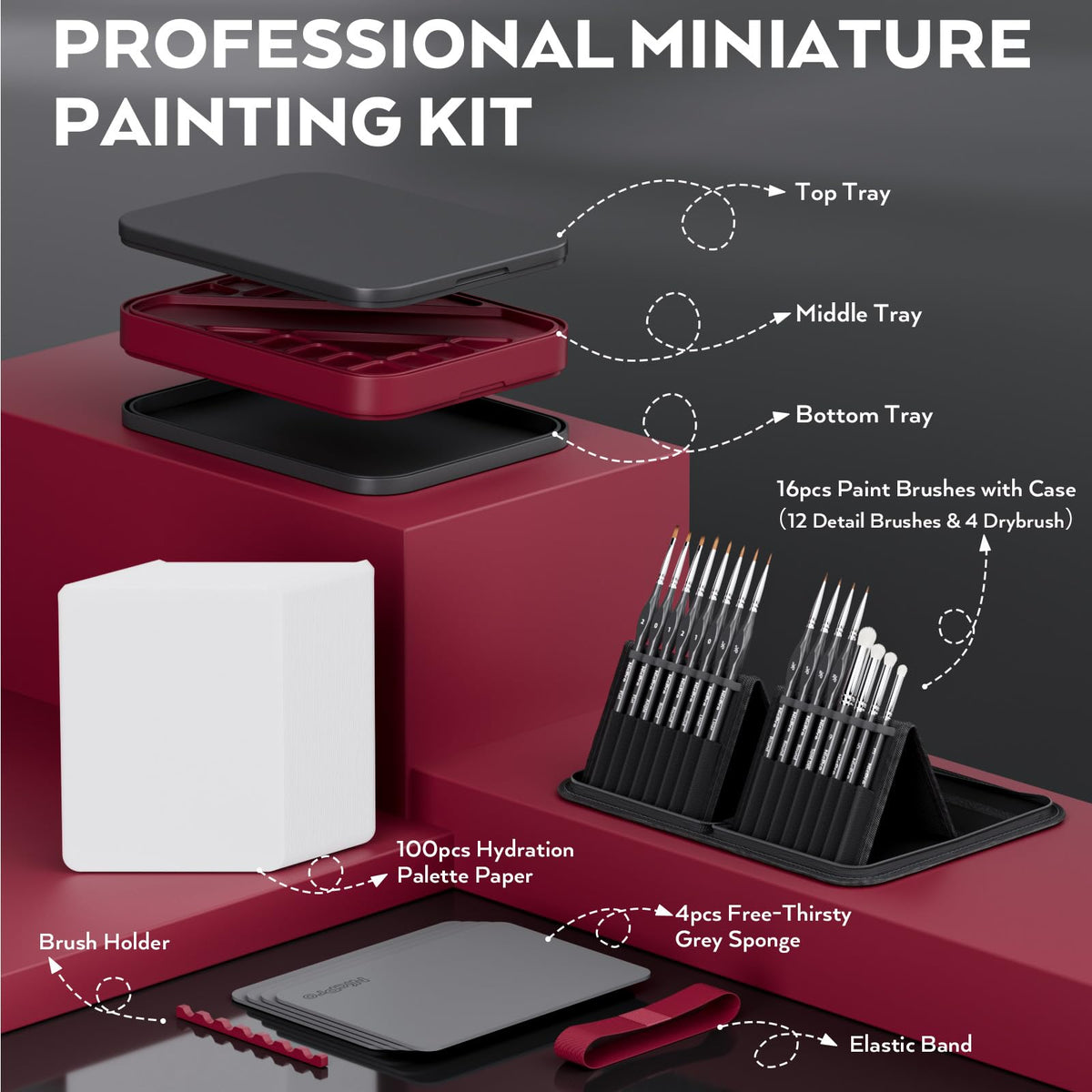Nicpro Professional Miniature Painting Acrylic Kit, Stay Wet Palette & 16PCS Detail Paint Brushes Drybrush with Nylon Bag, Pallet Paper, 4PCS Sponge, Mixing Paint Saver Palette for by Number Models