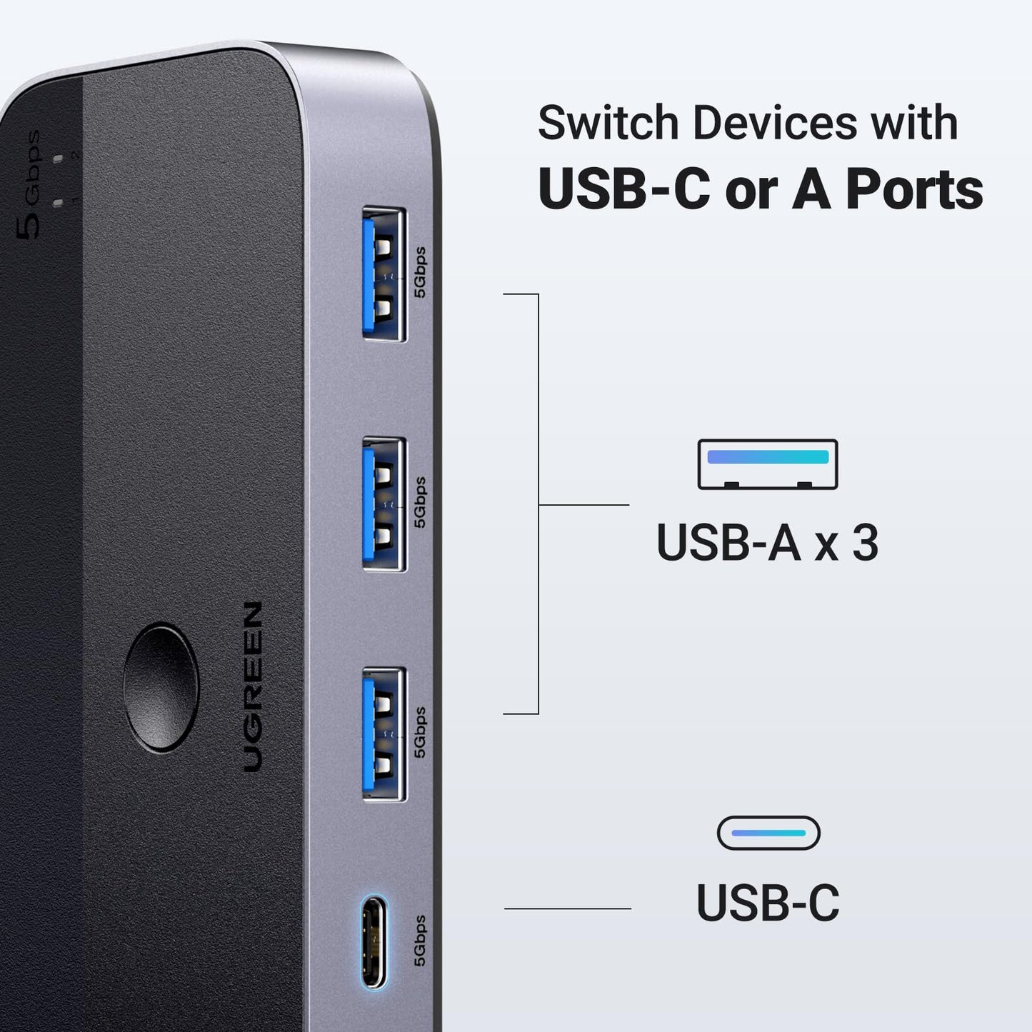 UGREEN USB 3.0 Switch, 2 Computers Sharing USB A and C Peripherals, 4 Port Switcher for Computers Sharing Keyboard Mouse Webcam Microphone Headphone with 2 Pack 3.0 Data Cables and Remote