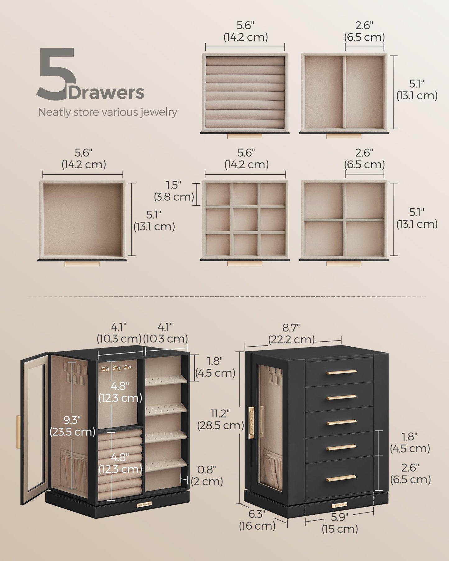 SONGMICS GISELLA Collection - Jewelry Box Organizer 360° Rotating, Large Vertical Jewelry Storage Case with 5 Drawers, Shiny Metal Hardware, Glass Window, Gift Idea, Ink Black UJBC170B01