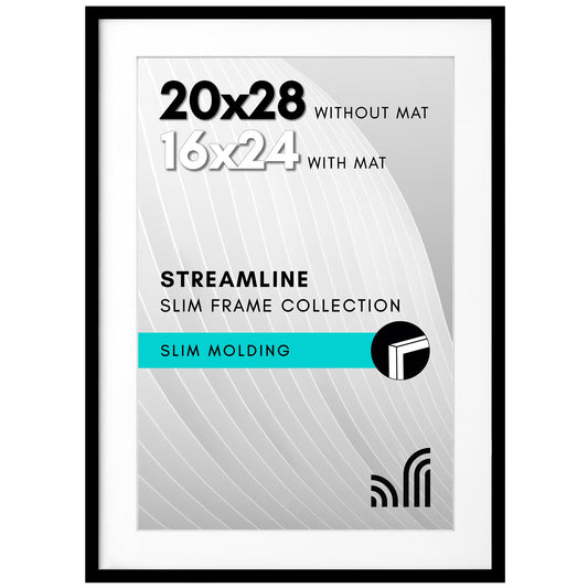 Americanflat 20x28 Picture Frame with Polished Plexiglass - Use as 16x24 Frame with Mat or Display 20x28 Photo Without Mat - Streamline Collection - Thin Border Picture Frames for Wall - Black