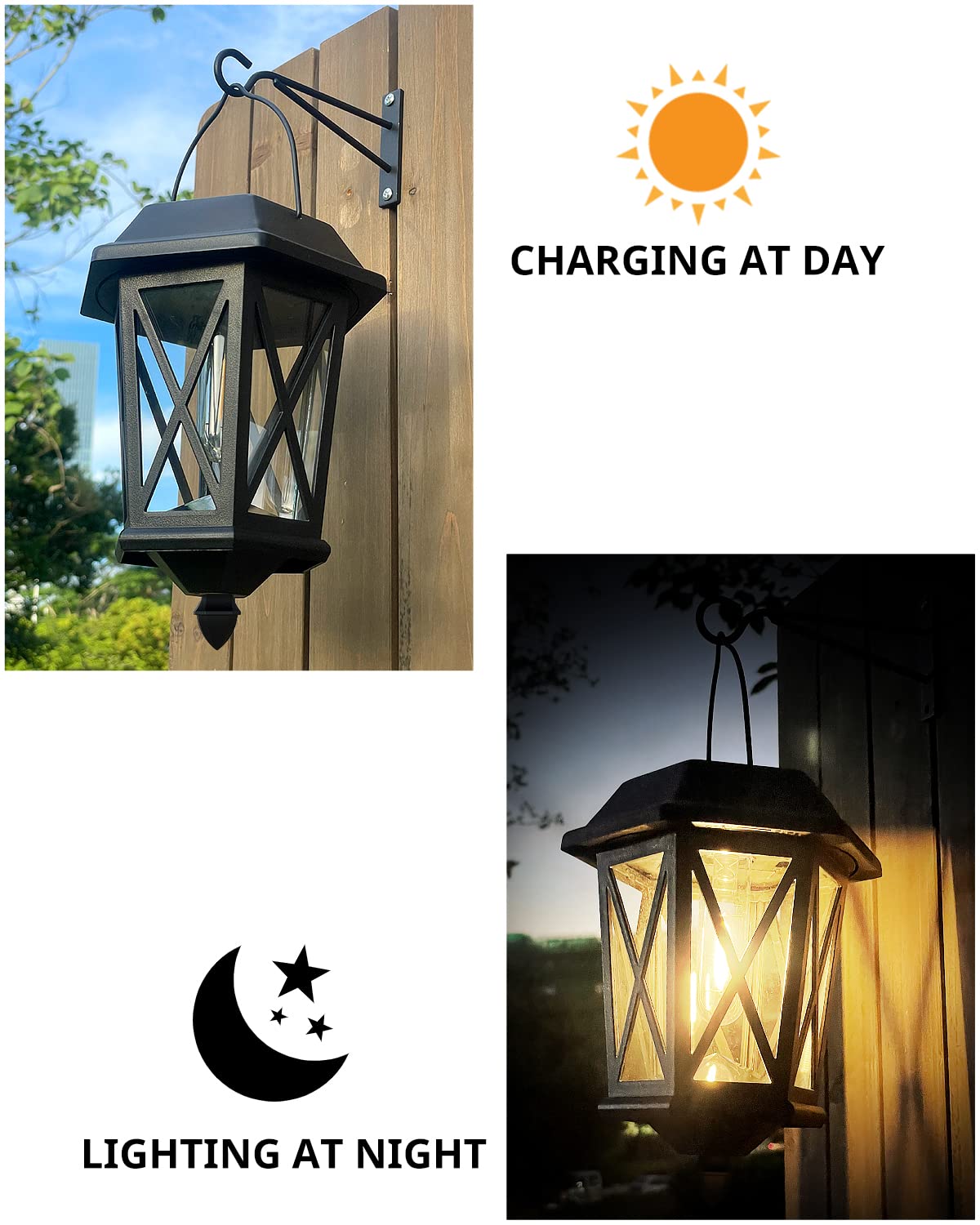Solar Lantern Outdoor Hanging Solar Lights, Waterproof Metal Solar Lights Outdoor with Clear Glass, LED Solar Powered Lights Wall Mount for Yard Garden Wall Outdoor, Black - 2 Pack