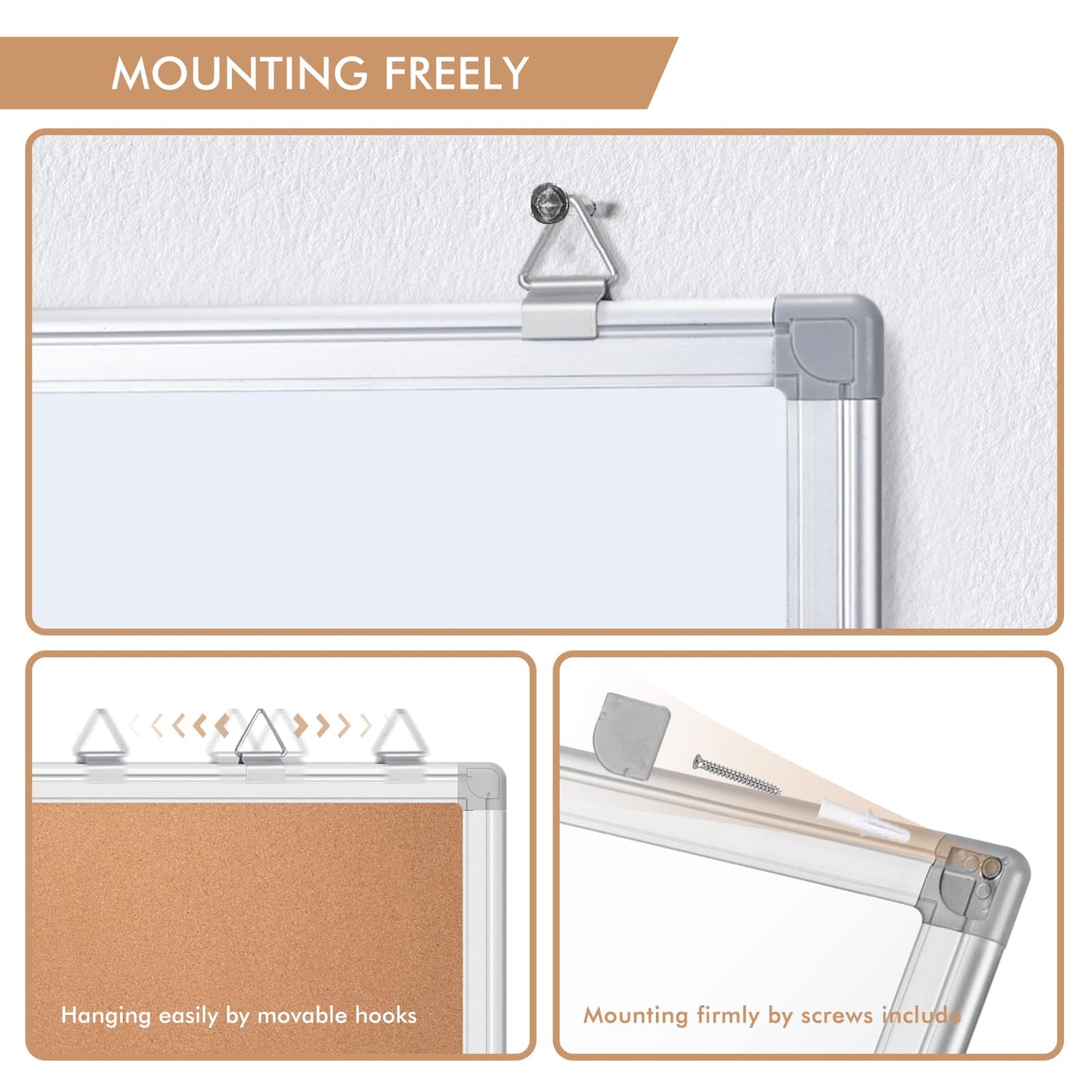 White Board Cork, Maxtek 36 x 24 Magnetic Combination Board for Wall, Dry Erase Board Bulletin Combo Board for Home Office & Classroom, 3' x 2' Wall Mounted Memo Message Board with Aluminum Frame