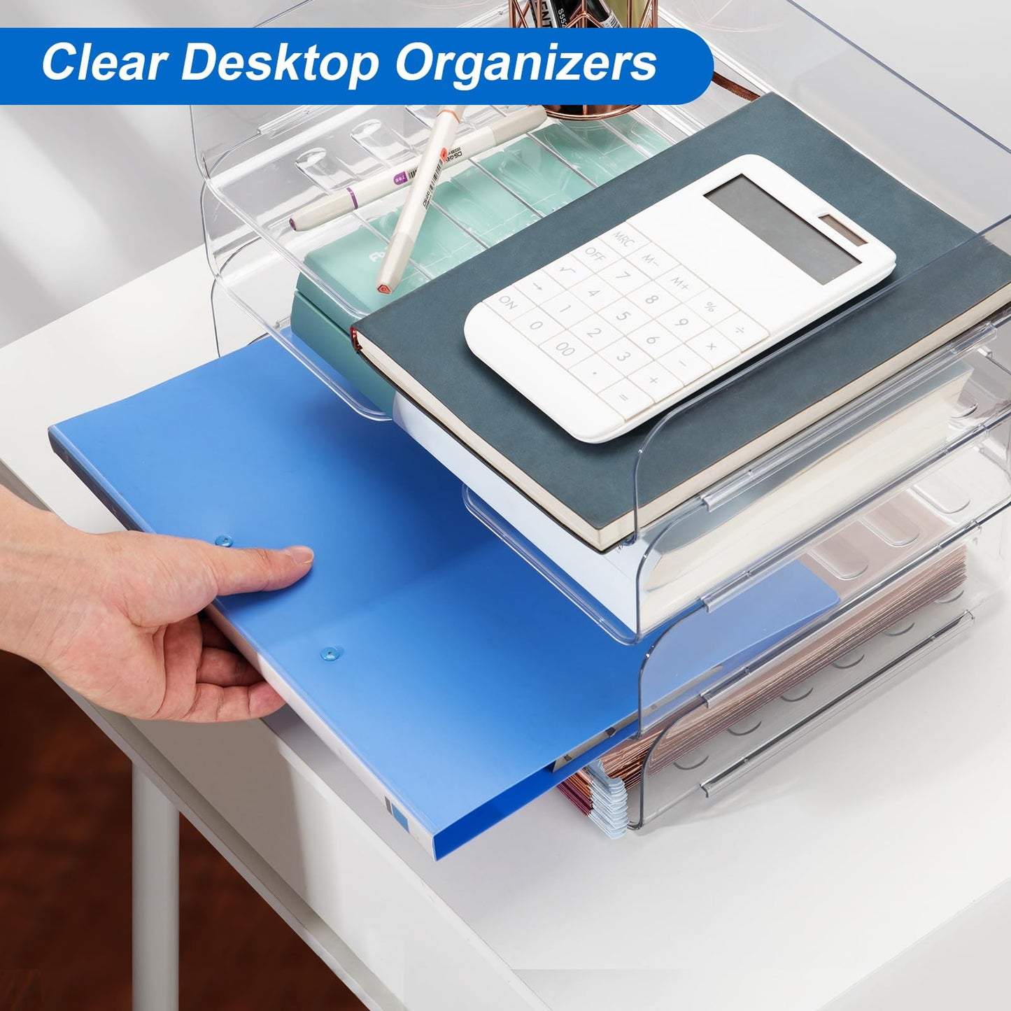 Desk Organizer and Tray, 4-Tier Paper Letter Tray, Stackable Clear Desktop Organizer for Documents, Paper, Books and Magazines, Office Supplies (Clear, 4 Pack)