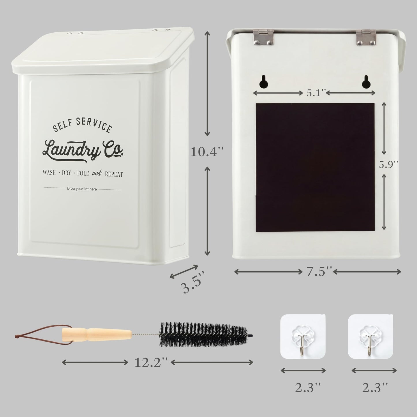 MONJITA Magnetic Lint Bin for Laundry Room, Metal Trash Can with Lid for Dryer, Farmhouse Lint Holder, Laundry Co Sign, Laundry Room Storage Decor with Dryer Lint Brush(White)